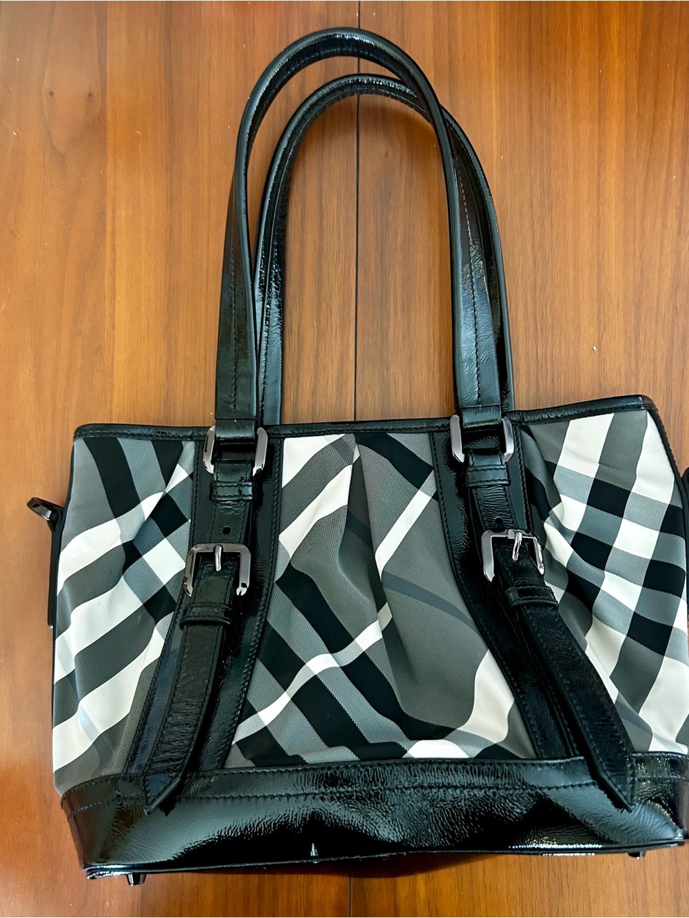 Burberry Black, Gray and White Plaid Leather-Trim Tote - Picture 3 of 10